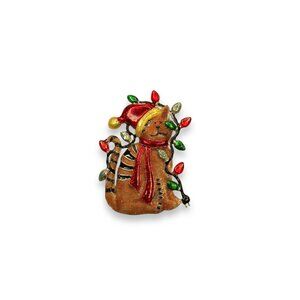Danecraft Enamel Sugared Christmas Cat Brooch Pin With Holiday Lights